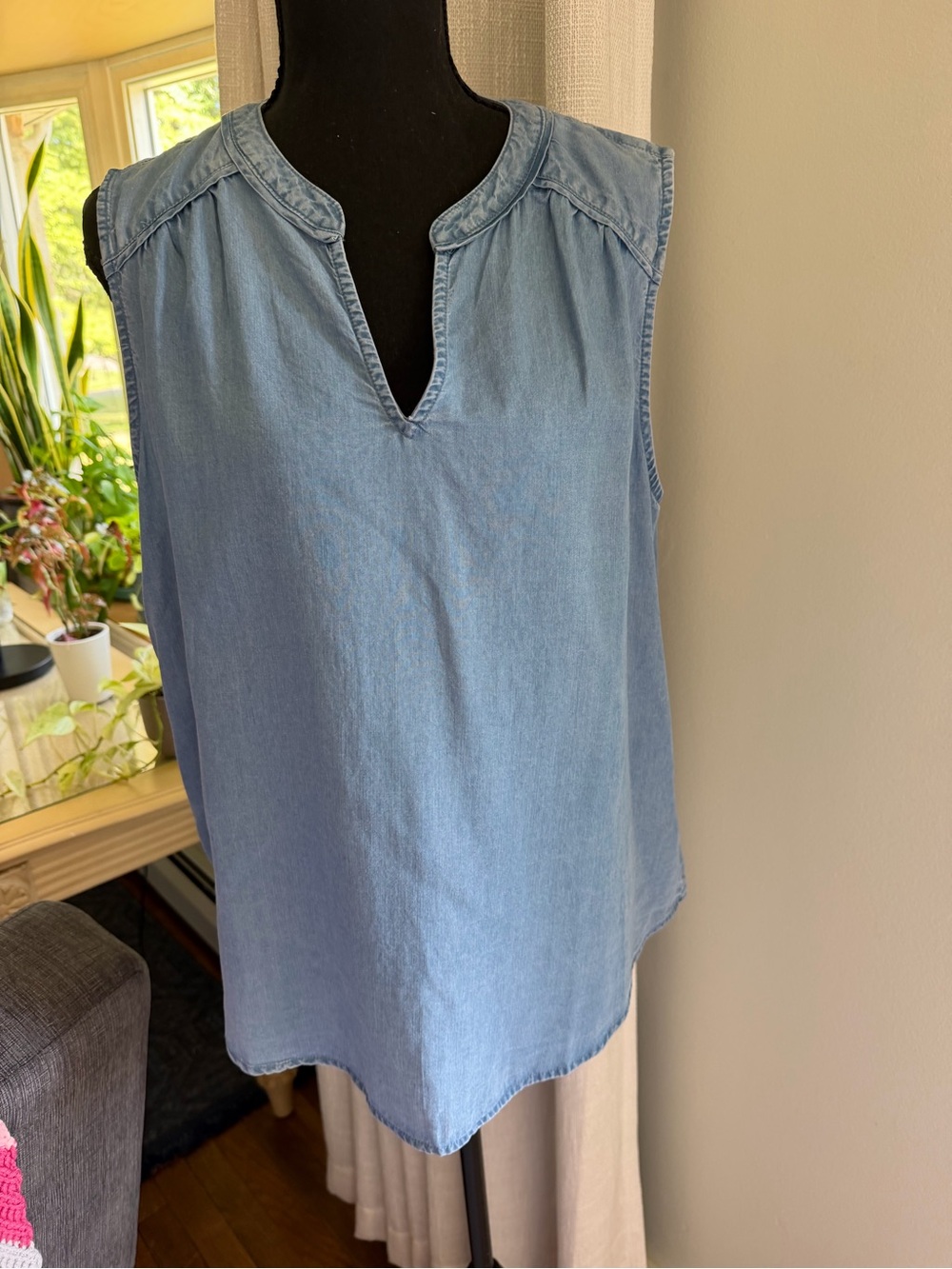 Fever Light Blue Chambray V-Notch Sleeveless Top
